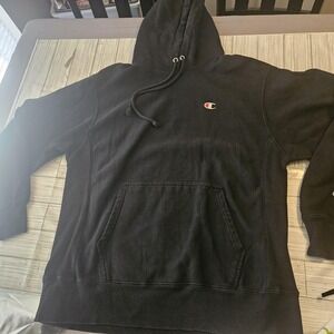 Champion Reverse Weave Hoodie Mens Large Pullover Sweatshirt Black Embroidered
